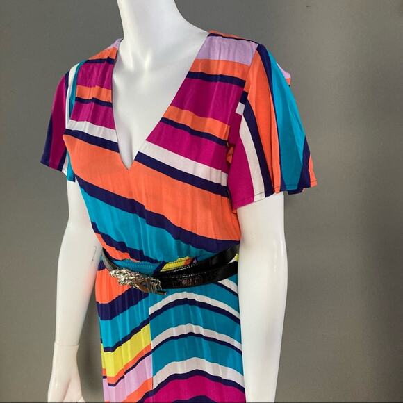 Trina Turk dress Small colorful midi Flutter sleeve striped v neck tropical NWT - Picture 6 of 8